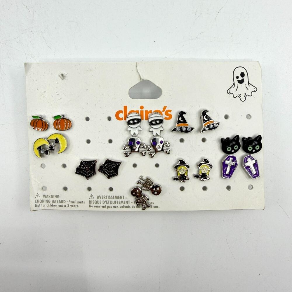 Claire’s Halloween Earring Set Multi Pack Witch Ghost Pumpkin Cat Coffin Studs